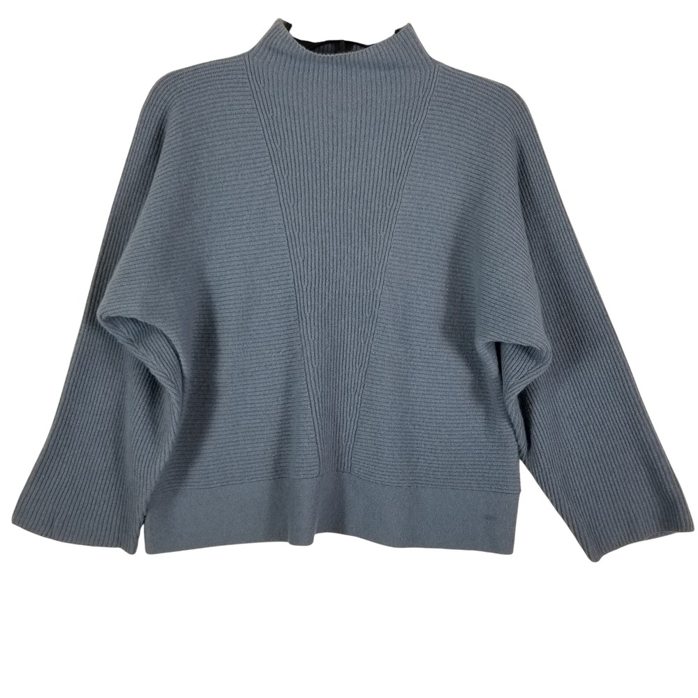 Garnet Hill 100% Cashmere Mock Neck Ribbed Sweater Blue‎ XS Boxy Long Sleeve
